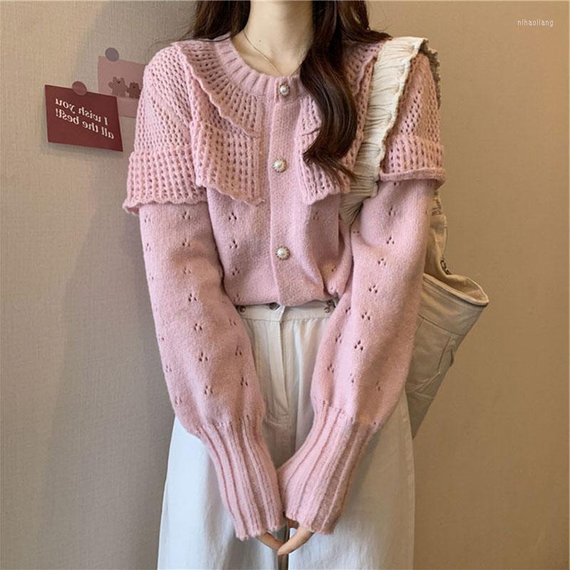 

Women's Knits Hollow Out Knitted Cardigan Women's 2022 Autumn Round Neck Design Chic Casual Gentle Coat Sweater Women, Sky blue