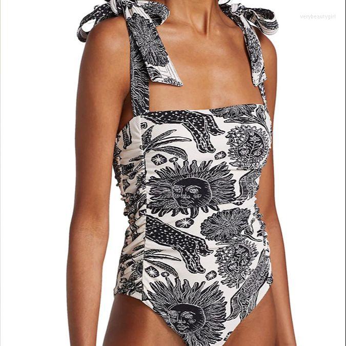 

Women' Swimwear Black And White Print One Piece Chic Swimsuit Square Neck Slim Bow Strap Bikini Elegant High Waist Backless Sexy Beachwear