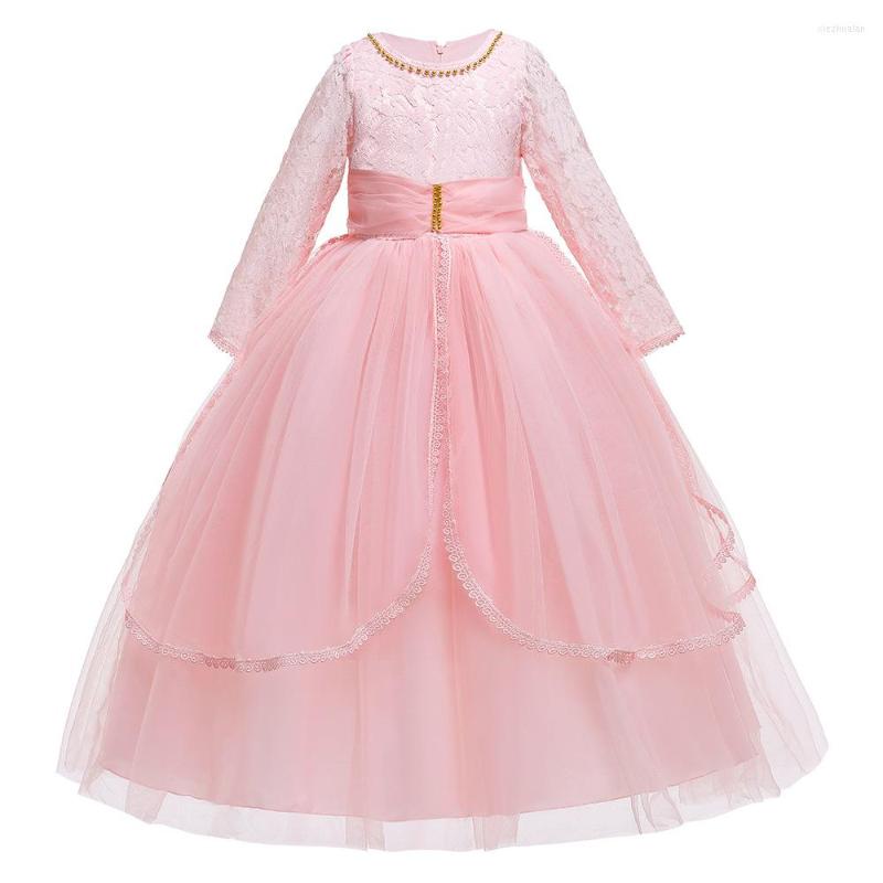 

Girl Dresses Elegant Princess Lace Long Sleeves Dress Kids Pink Flower For Girls Vintage Children Birthday Party, Picture shown