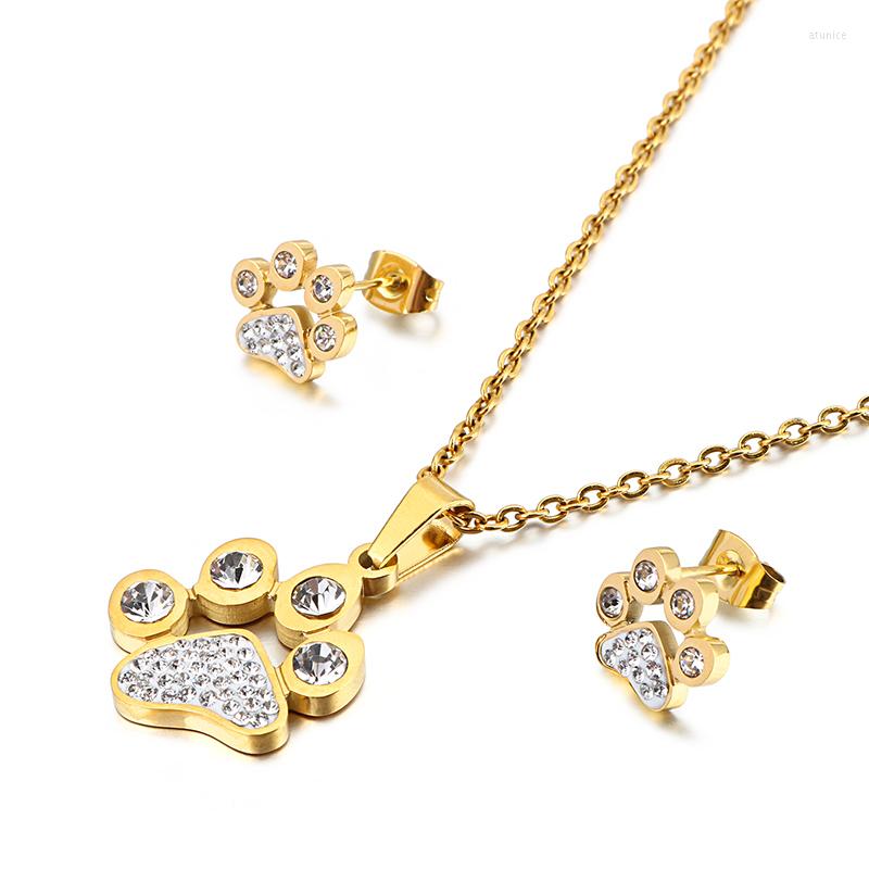 

Necklace Earrings Set Stainless Steel Fashion Sets Charm Dog Footprints Pendant Inlaid Zircon For Jewelry, Picture shown