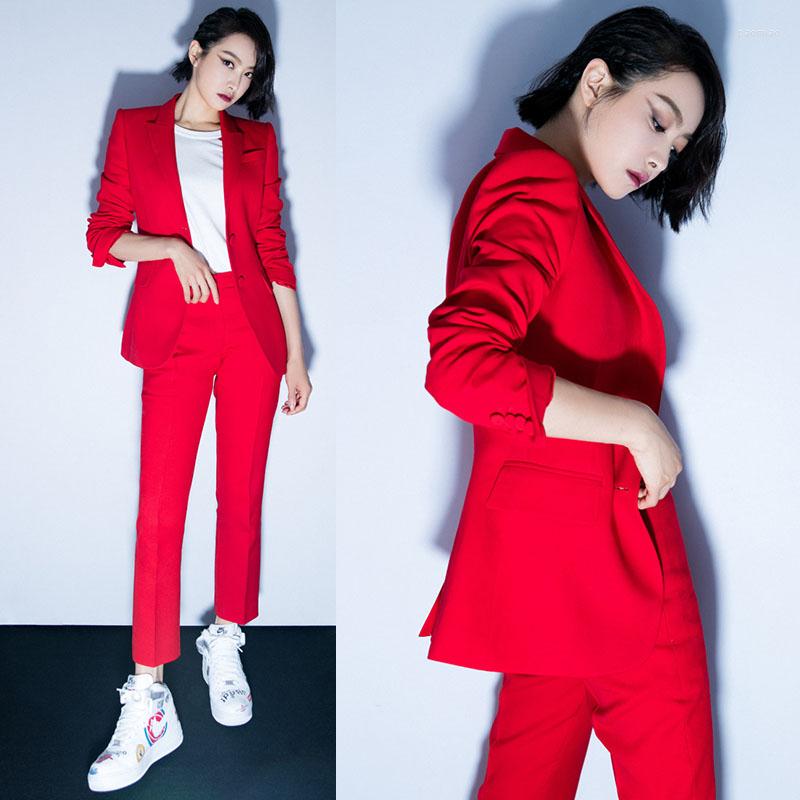 

Women's Two Piece Pants Red OL Professional Suit Female Korean Version Was Thin Fashion Handsome Small Jacket Sets Of Wave, Black