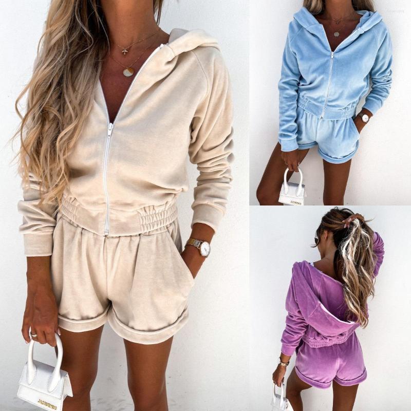 

Women' Tracksuits Women Shorts Sets 2 Piece Fall Outfits Spring Autumn Long Sleeve Solid Color Zip Up Hoodie Wide Leg Clothes Set