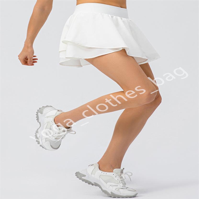 

lu-22443 new women's sports short skirt loose running skirt fake two pieces of anti-running fitness culottes shaping Yoga Out256n, Black