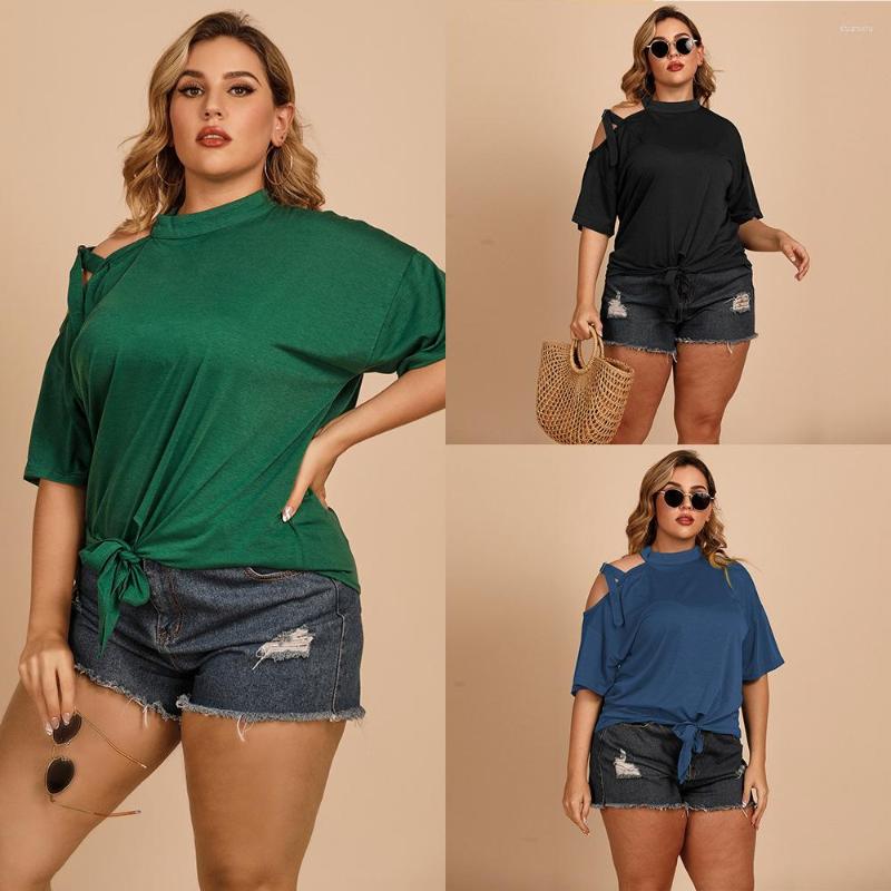 

Women's T Shirts Large Size Ladies Summer 2022 Fashion Straps Adornment Pure Color Coat Bowknot Long-sleeved T-shirt Of Inclined Shoulder, Black