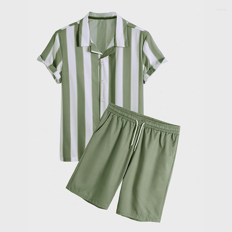 

Men' Tracksuits Men' Men Outfit Set 2022 Summer Suit Short-sleeved Flower Shirt Striped Shorts Two-piece, Green