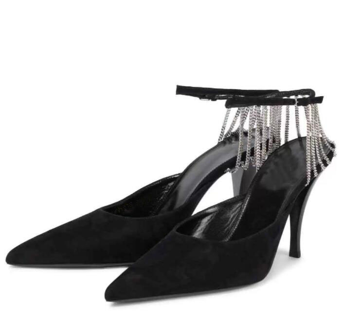 

Elegant Women's Sandals Leather Suede Metal Chain Decorative Ankle Buckle Pointed Summer Fashion Evening Dress Party