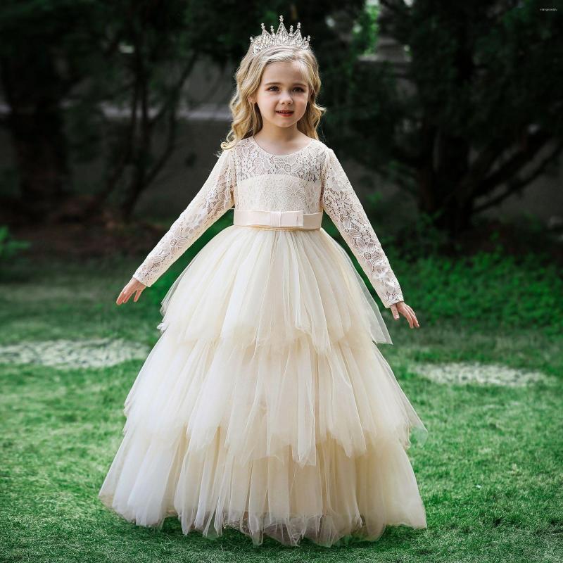 

Girl Dresses Princess Champagne Lace Long Sleeves First Communion Dress Floor Length Tulle Cake Gown For Wedding Party 4-14 Years, Picture shown