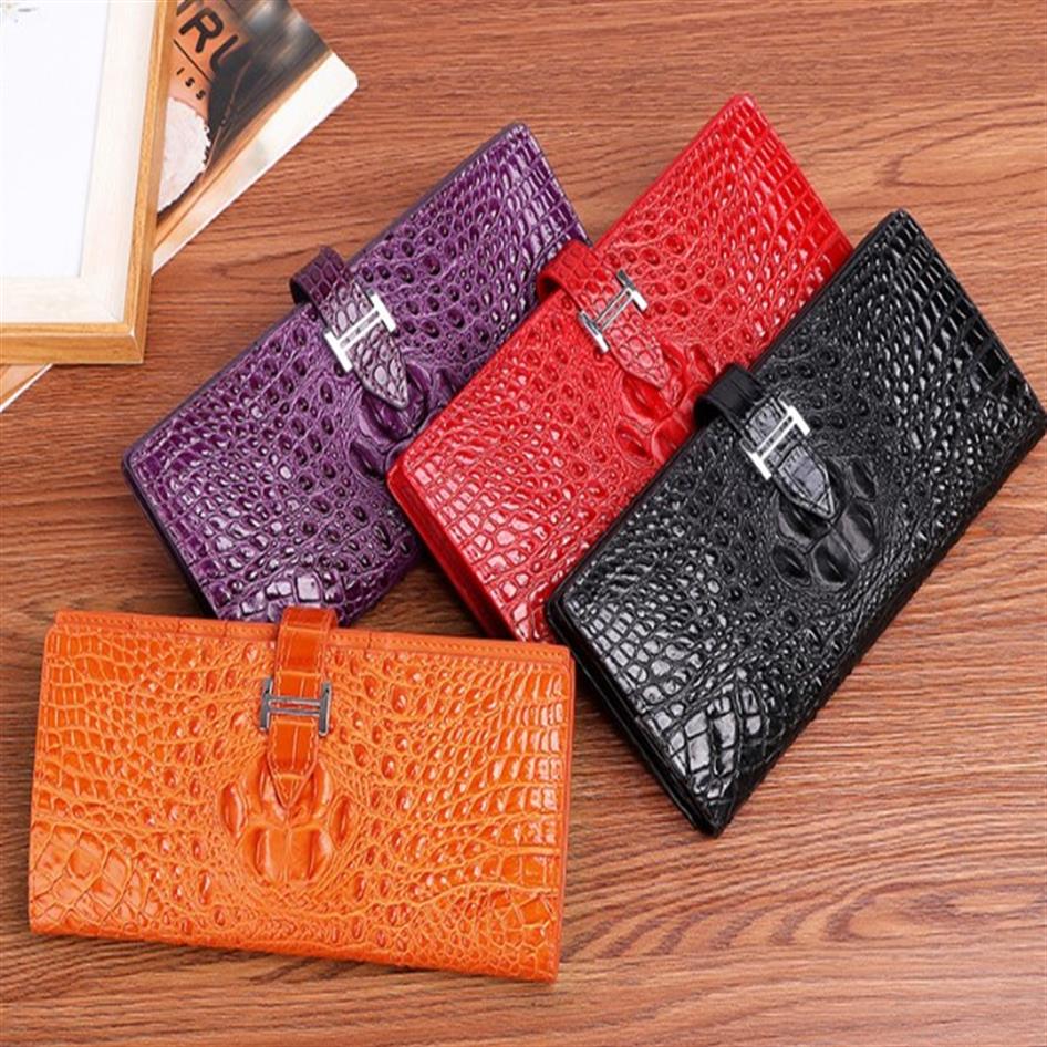 

Women Fashion wallets leather clutches crocodile grain 19x9x3cm hasp fastner one zipper pocket inner Luxury quality239f, Red