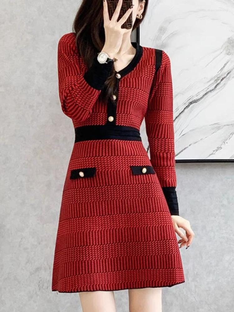 

Casual Dresses Spring Fall Small Fragrance Vintage Knitted Dress Women Long Sleeve Bottom A-line Mini Sweater Robe Femme Vestidos, Red