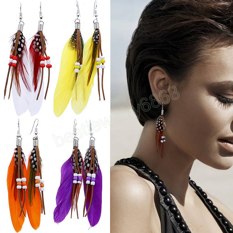 

Bohemian Long Feather Dangle Earrings for Women Peacock Feather Fringe Tassel Drop Earring Wedding Bride Jewelry
