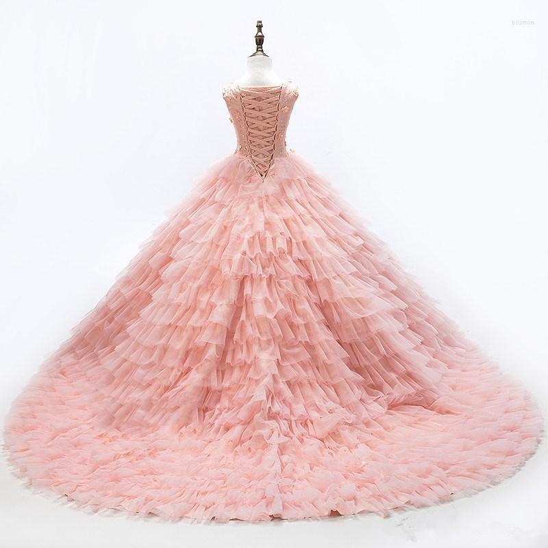 

Girl Dresses Jewel Lace Up Sleeveless Ruffles Tulle Peach Ball Gown Sweep Train Wedding Dress Flower, Champagne