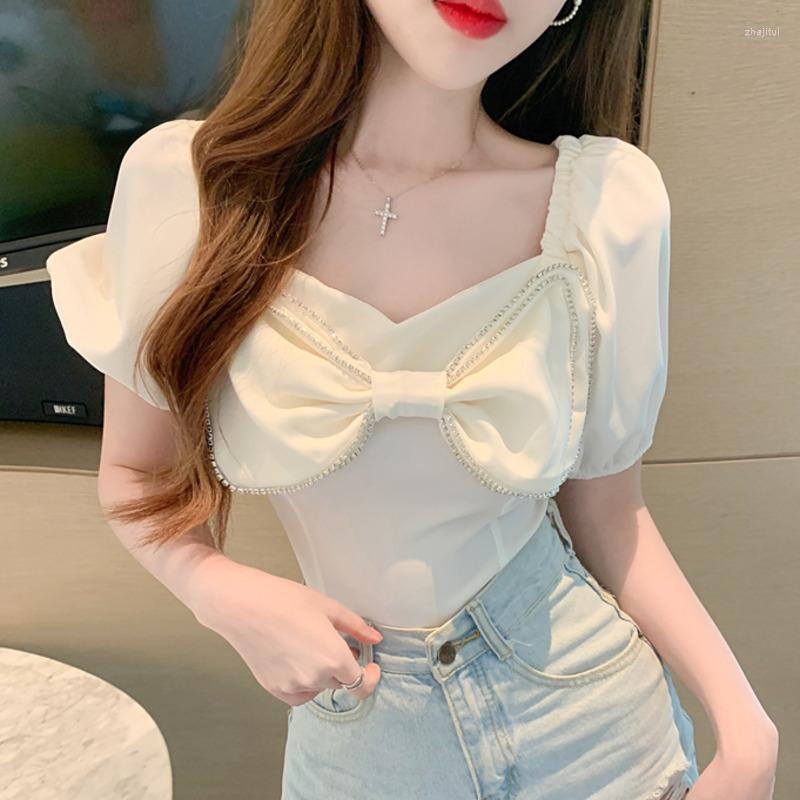 

Women's Blouses Women's & Shirts Puff Sleeve Shirt Women 2022 Summer Diamond Decoration Big Bow Short Blusas Mujer Lady Crop Top Femme, White