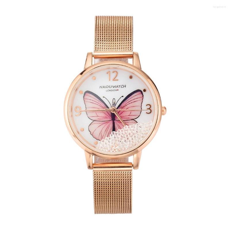 

Wristwatches 2022 Korean Fashion Simple Ladies Watch Alloy Mesh Belt Butterfly Dial Personality Ball Quartz, Blue