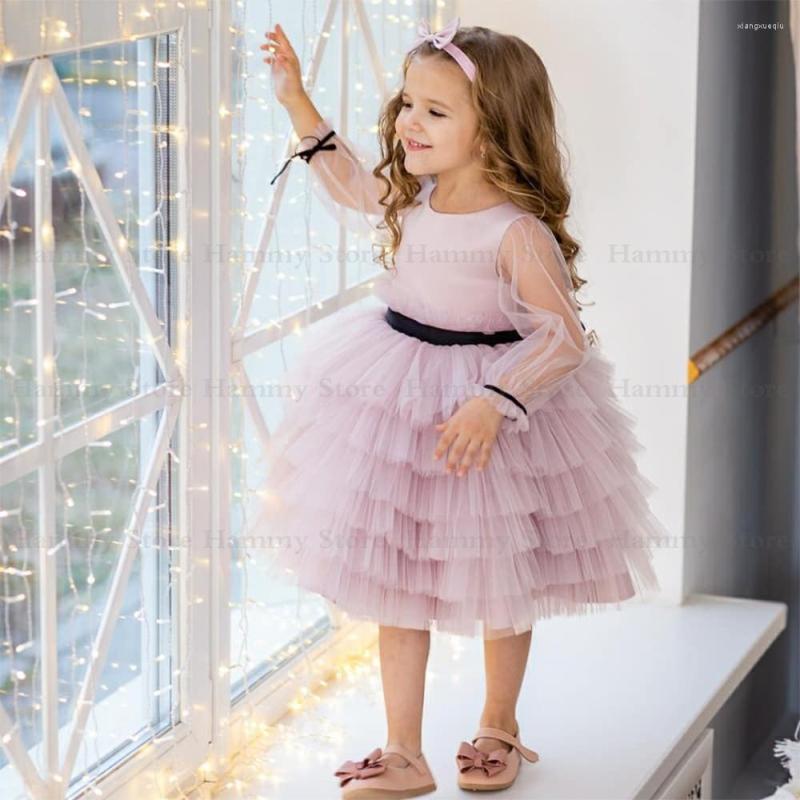 

Girl Dresses Lovely Flower Dress Jewel Neck Long Sleeves Tiered Soft Tulle A Line Tea Length Birthday Party Gown Christmas, Gold