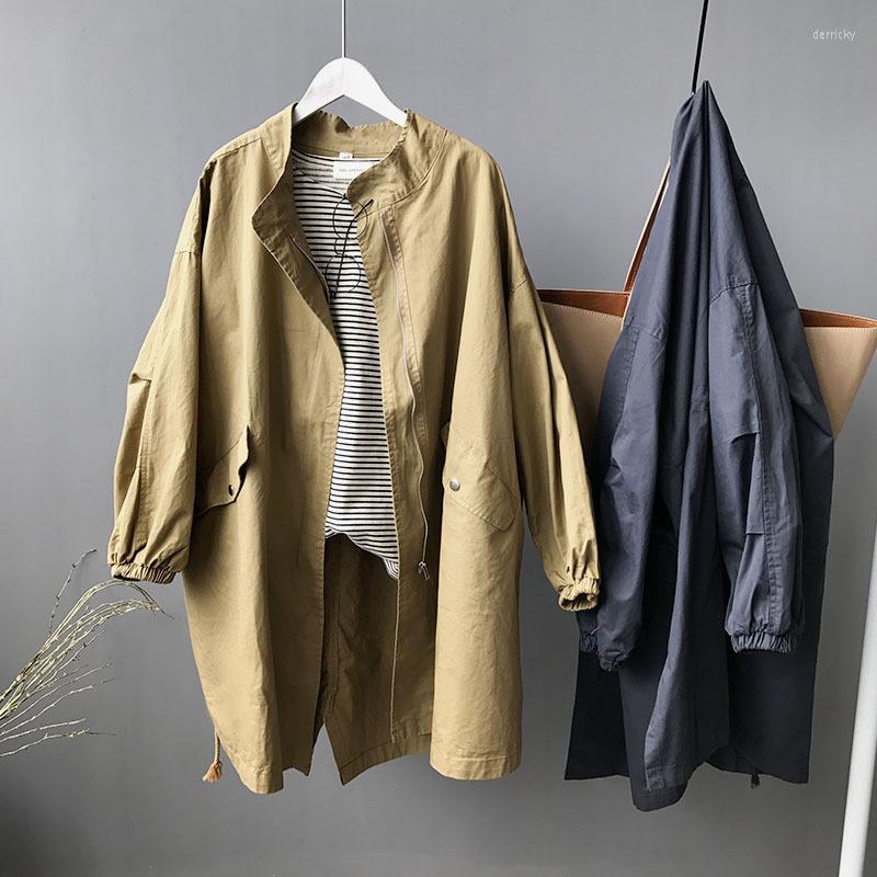 

Women' Trench Coats 90%Cotton Loose Oversized Women Coat Adjustable Waist Casual Black Khaki Outerwear Female Zipper Long Windbreaker
