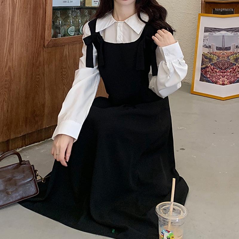 

Casual Dresses Fashion Mid-calf Daily Party Dress Preppy Style Polo Neck Long Sleeve Women Loose Patchwork Fake Two Black, 99 280