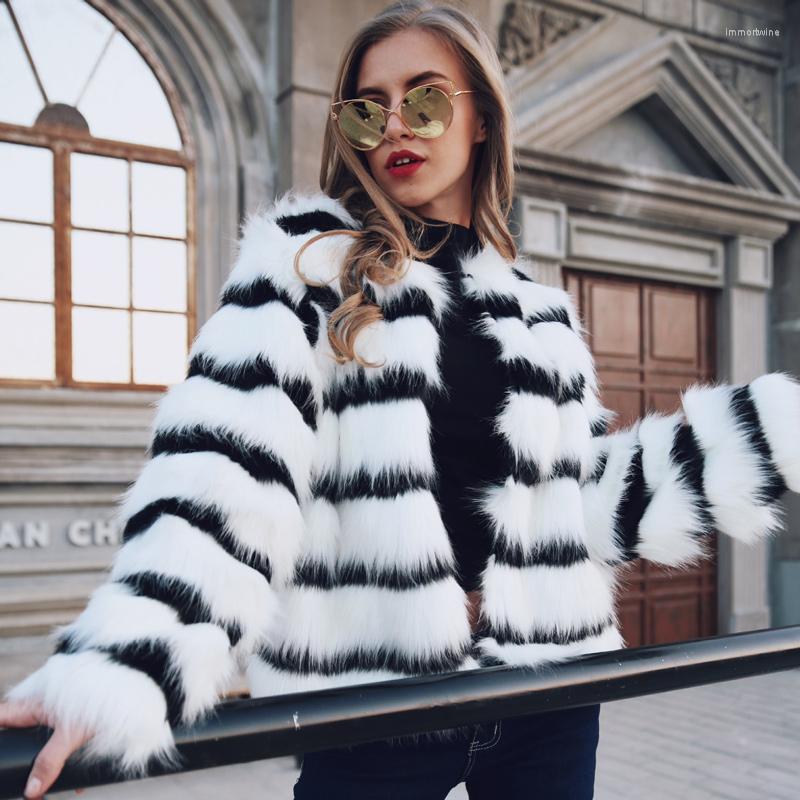 

Women's Fur Fashion Autumn Winter Coat Women Black White Striped Slim Faux Jacket Female Leisure Warm Furry Fake Coats