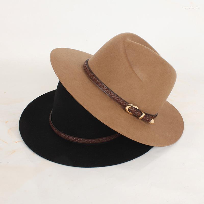 

Berets Women Wide Brim Wool Felt Fedora Panama Hat With Belt Buckle Jazz Trilby Cap Party Formal Top HatBerets, Black