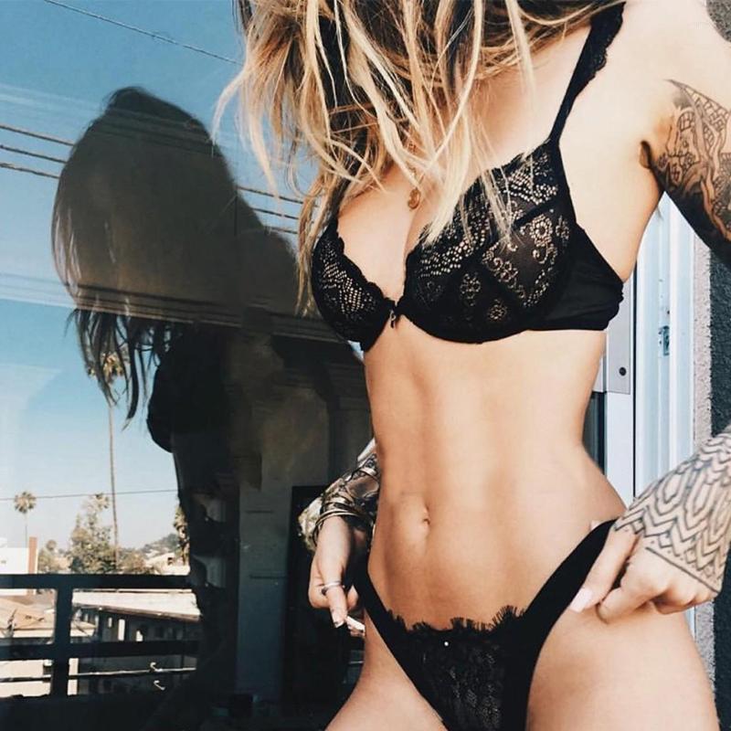 

Bras Sets Women Plus Size Lace Lingerie Bra Thong Underwear Set Black Sleepwear Ruffle Transparent Bikinis 2022 Mujer