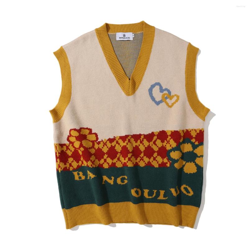 

Men's Vests HOUZHOU Vintage Sweater Vest Men's Knitted Sleeveless Men Sweaters Retro V-neck Pullover Yellow Japanese Streetwear Harajuku