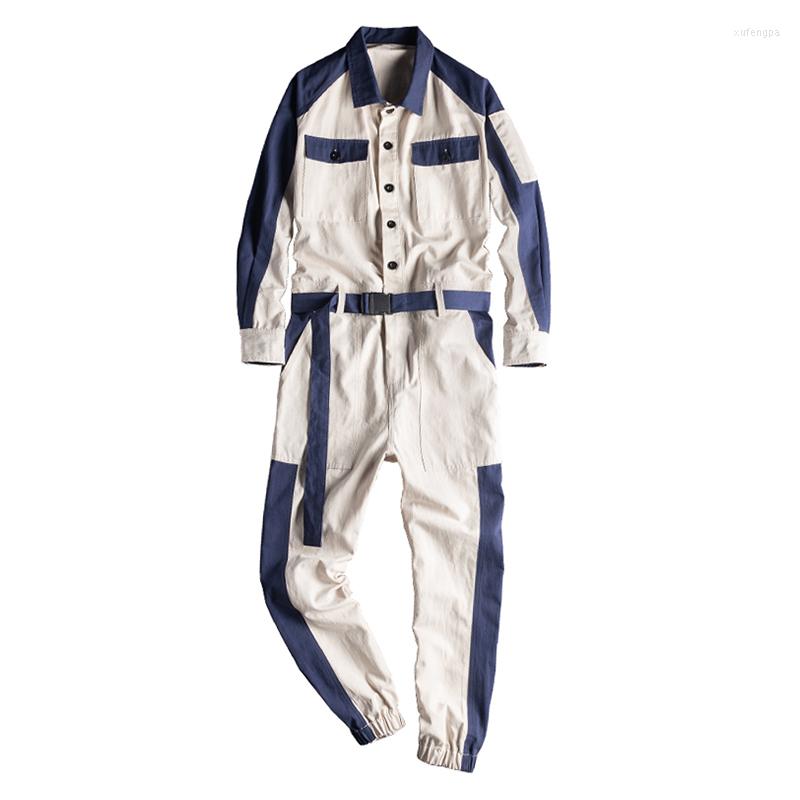 

Men's Jeans Sokotoo Men's Contrast Color Beige Joggers With Belt Jumpsuits Long Sleeve Patchwork Overalls Coveralls
