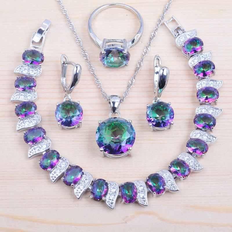 

Necklace Earrings Set Natural 925 Silver With Bracelet And Ring Round Multicolor Rainbow Zirconia Jewellry YZ0368, Picture shown