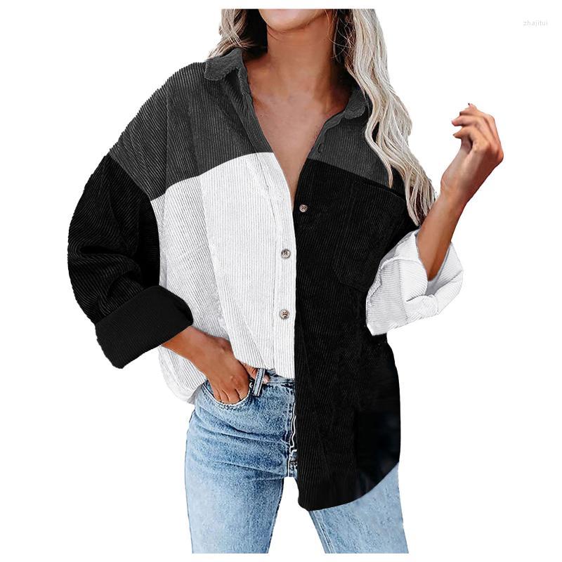 

Women' Jackets Women' 2022 Women Corduroy Jacket Coat Autumn Casual Lapel Single-breasted Color Blocking Blouse Loose Outerwear Chic, White