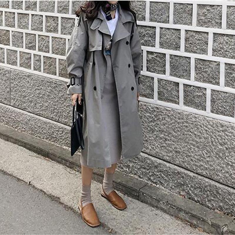 

Women' Trench Coats Johnature 2022 Autumn Women Korean Solid Color Loose Turn-down Collar Sashed Windproof Female Women, Gray