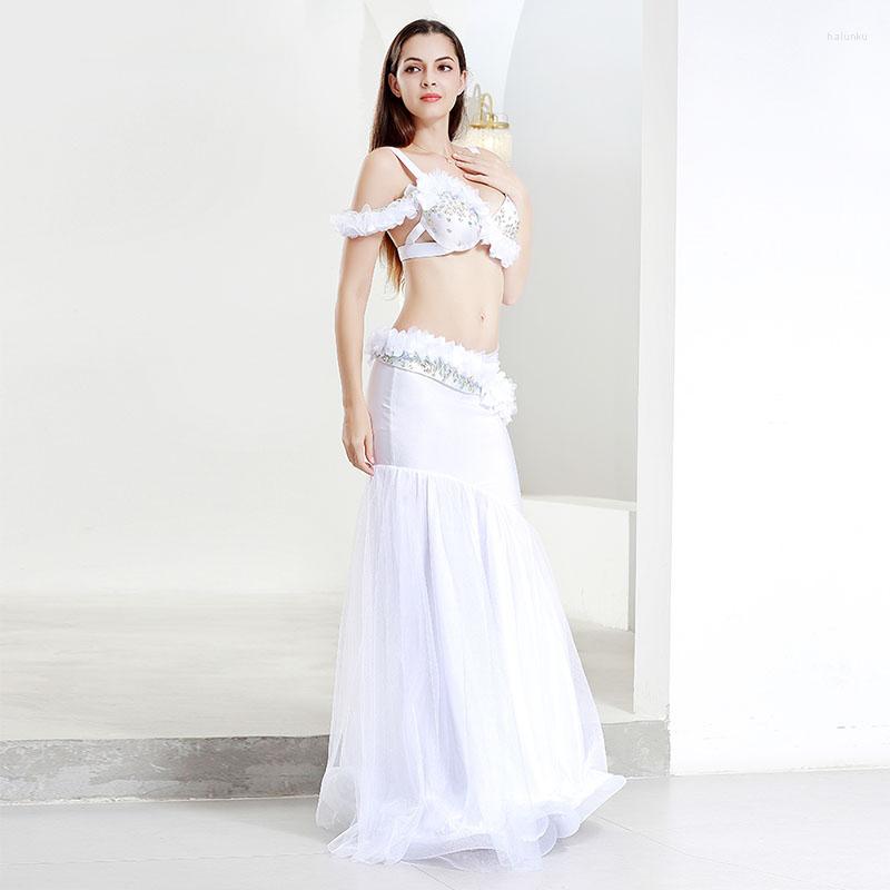 

Stage Wear Womens Oriental Bellydance Fishtail Dress Dancing Competition Suit 3pcs A Set Bra Belt Skirt Practical Clothes Outfit, White