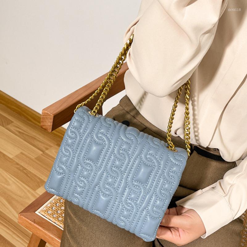 

Evening Bags Fashion Luxury Wide Chain Shoulder Hand Bag Letter PU Leather Purse Women Totes Flap Handbags, Blue