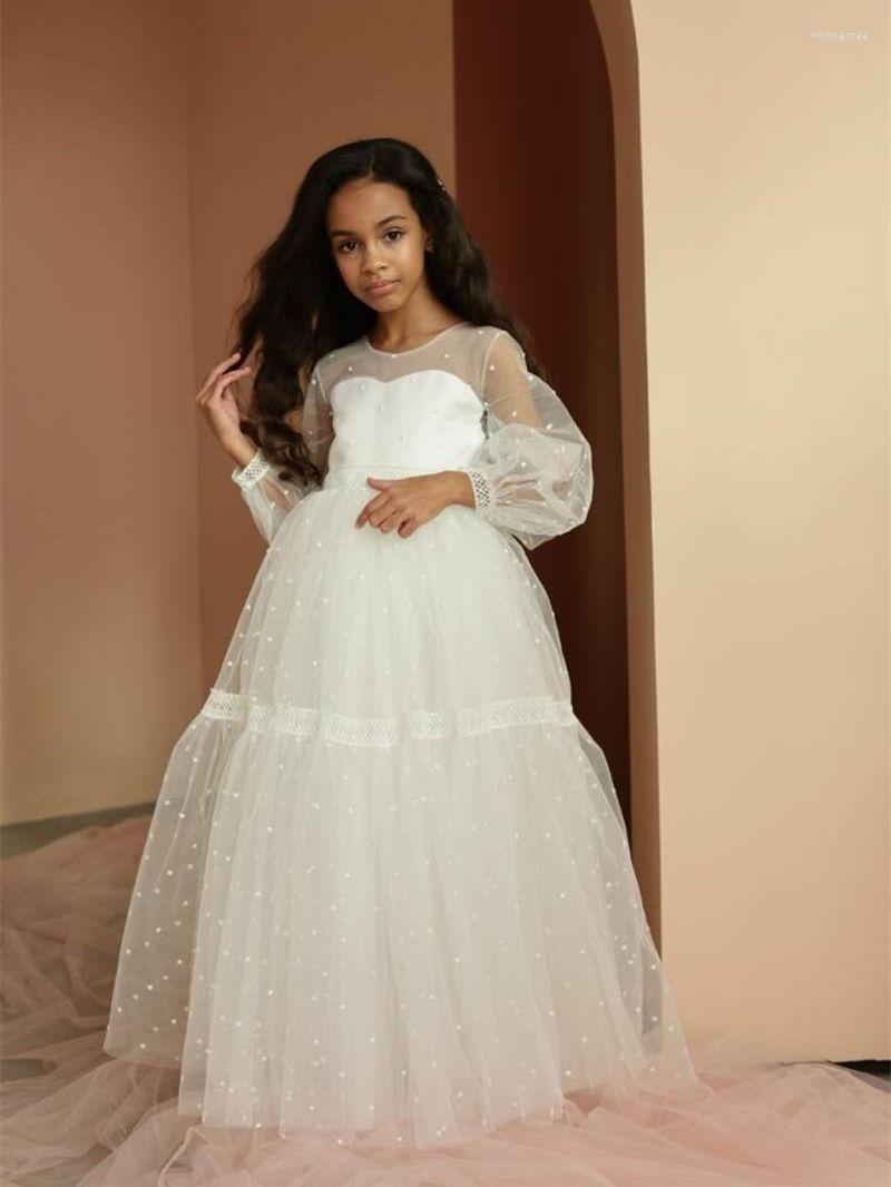 

Girl Dresses Graceful White Flower For Wedding Dot Button Full Illusion Sleeves A Line Brideamaid Dress, Black