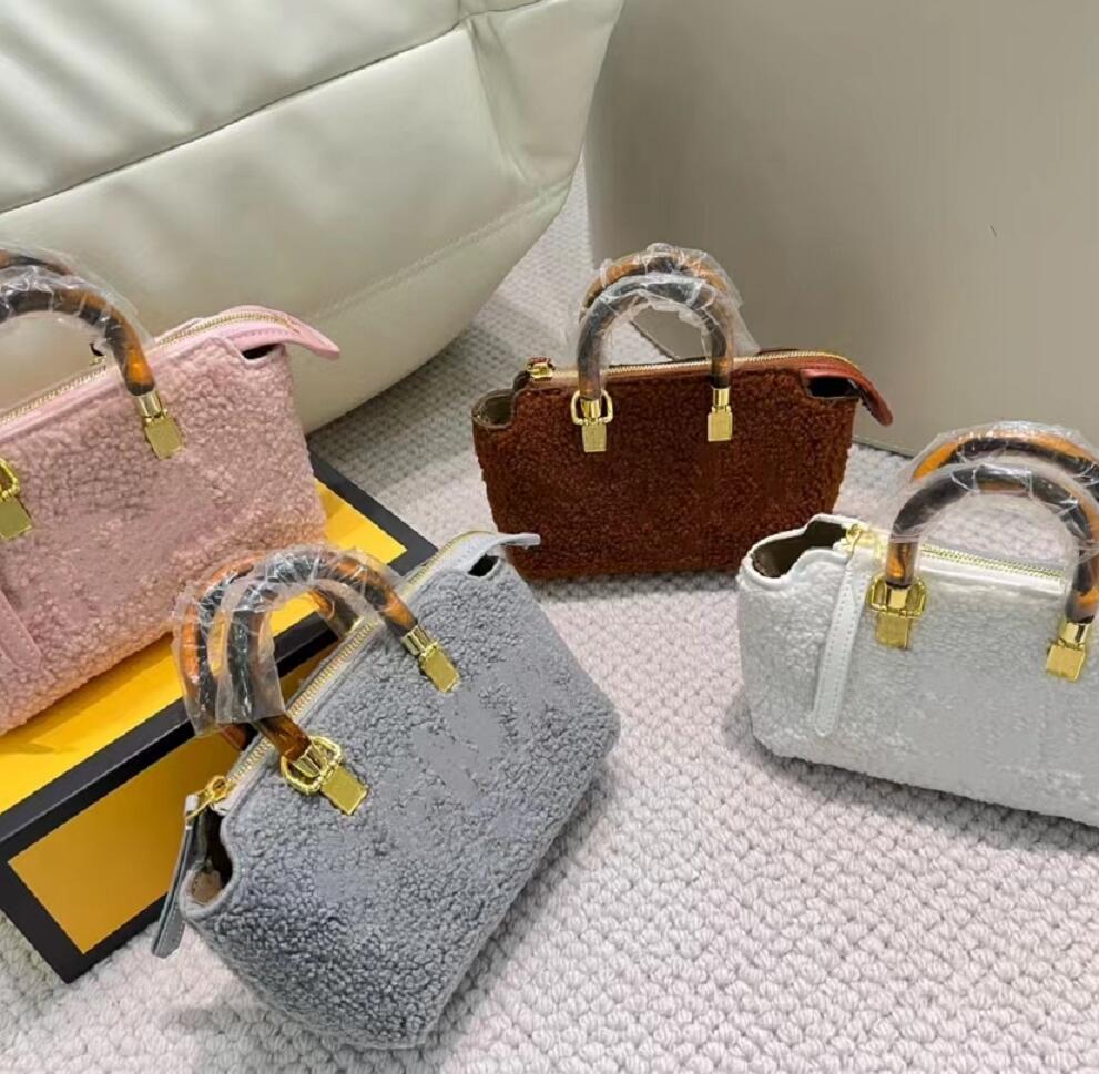 

Luxury Letter Embroidery Shoulder Bags Mini Lamb Wool Winter Handbag Fashion Women Classic Zipper Messenger Bag New Style Handbag Change Purse Wallet, Brown