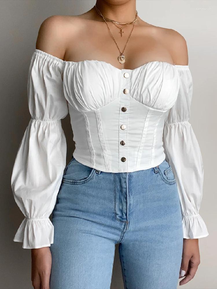 

Women's T Shirts PUWD Women White Breasted 2022 Spring Fashion Lady Slim Puff Sleeve Square Collar Tube Top Female Off Shoulder Sexy Tops