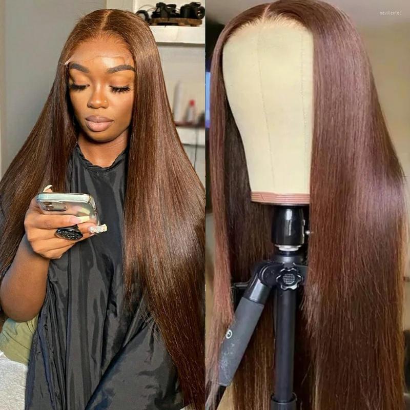 

Sapphire #4 Light Brown 32 Inches Brazilian Bone Straight 4X4 Transparent Lace Closure Wig Remy Human Hair Wigs For Black Women, Picture shown