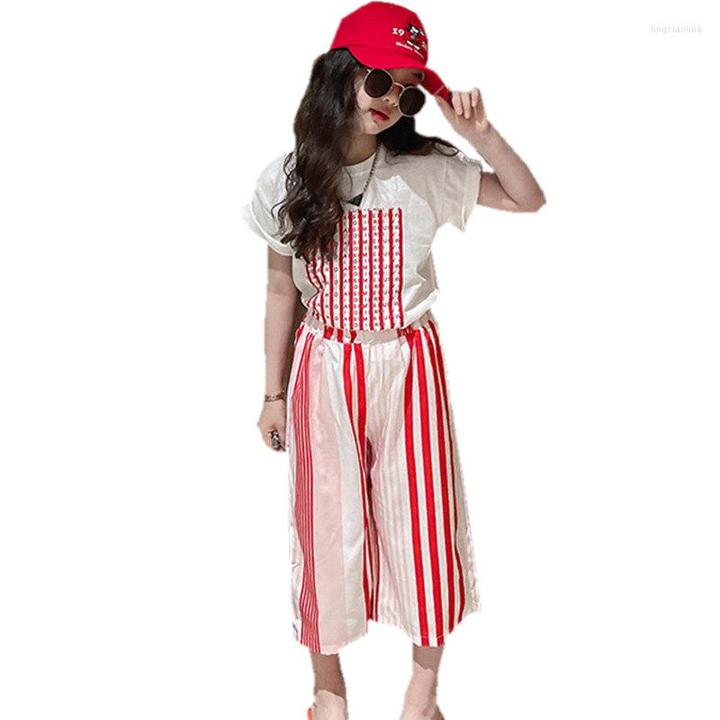 

Clothing Sets Summer 2022 Baby Girls Set T Shirt Wide Leg Pants Two Piece Kids Teenager Casual Suit 4 5 6 7 8 9 10 11 12 13Years Old, Red