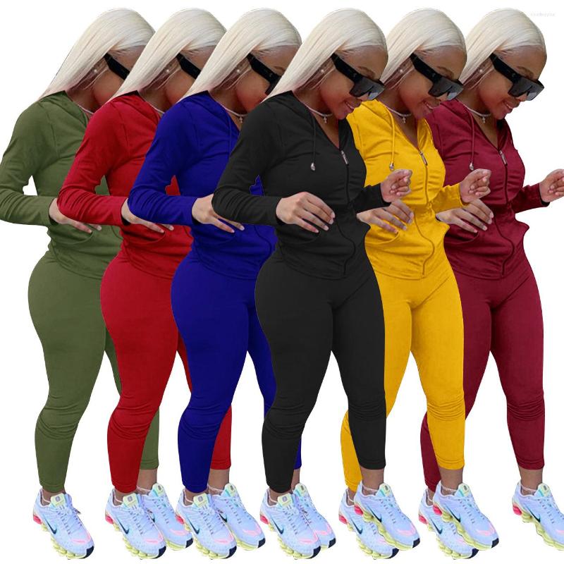 

Women' Two Piece Pants 45Q652 Autumn Winter Women Casual Fashion Solid With Hood Sports Zipper Set Top And Tracksuit Sweatsuit Outfits, Red