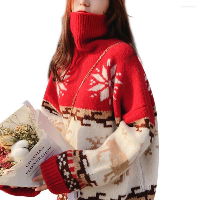 

Women's Sweaters Ele-choices Christmas Fashion Women Winter Deer Print Turtle Neck Pullover Knitwear Loose Sweater For Autumn, Apricot