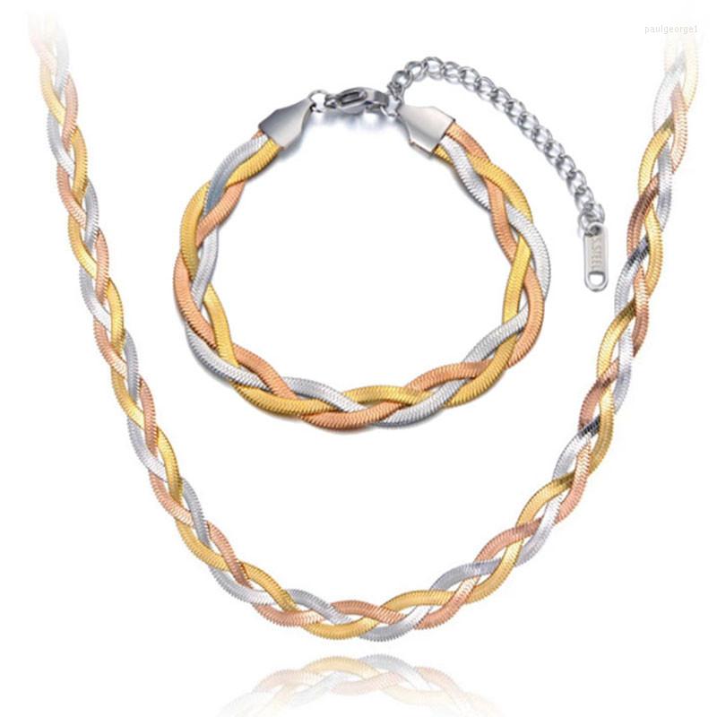 

Necklace Earrings Set 316L Stainless Steel Upscale Jewelry Multicolor Twist Weaving Snake Bone Chain Choker Necklaces Bracelet For Women, Picture shown