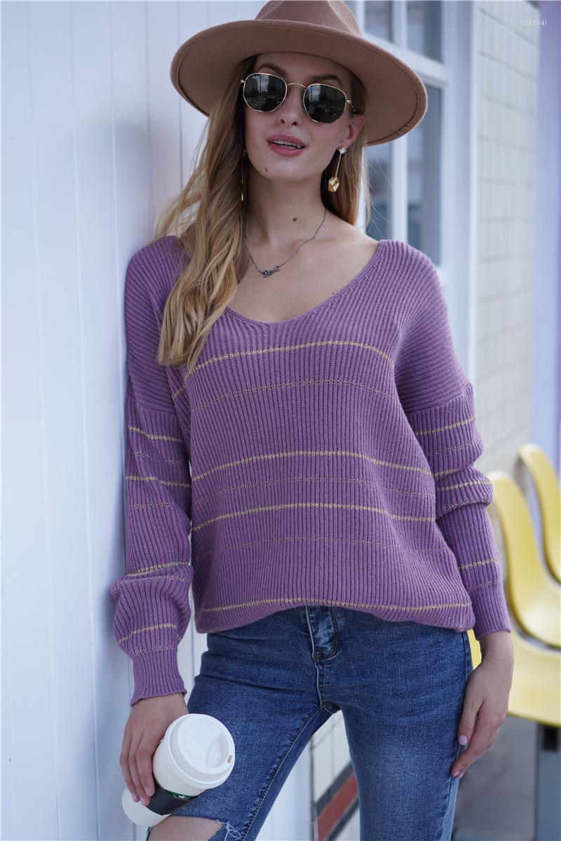 

Women' Sweaters 2022 Winter Fashion Purple For Women Luxury Striped Loose Casual V-neck Office Lady Pullovers Commuting Style