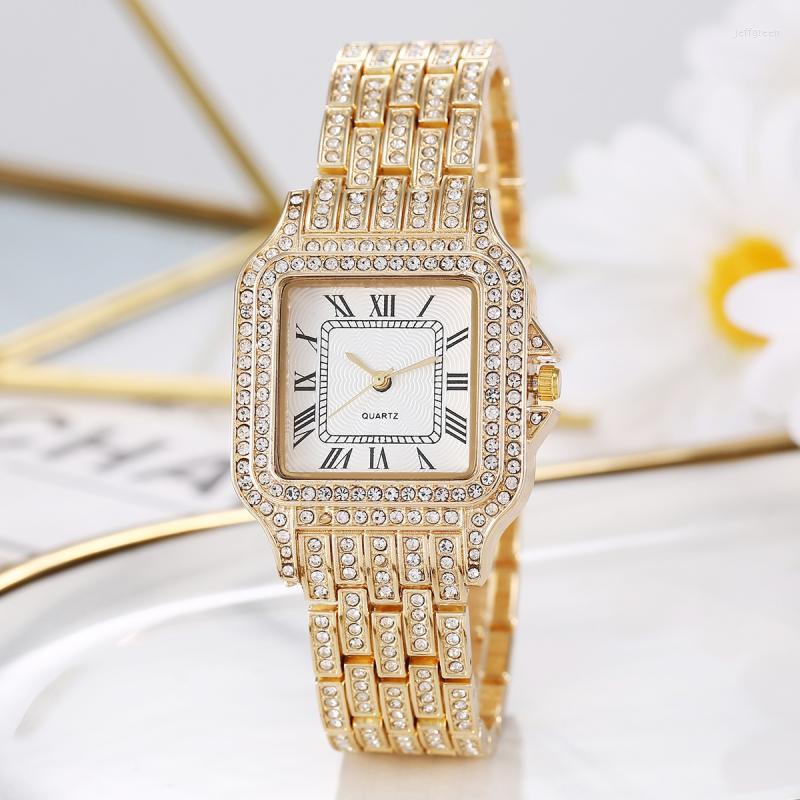 

Wristwatches Luxury Watches For Women Full Diamond Ladies Watch Bracelet Square Rhinestone Female Starry Sky Wrist Fashion Clock, Gold