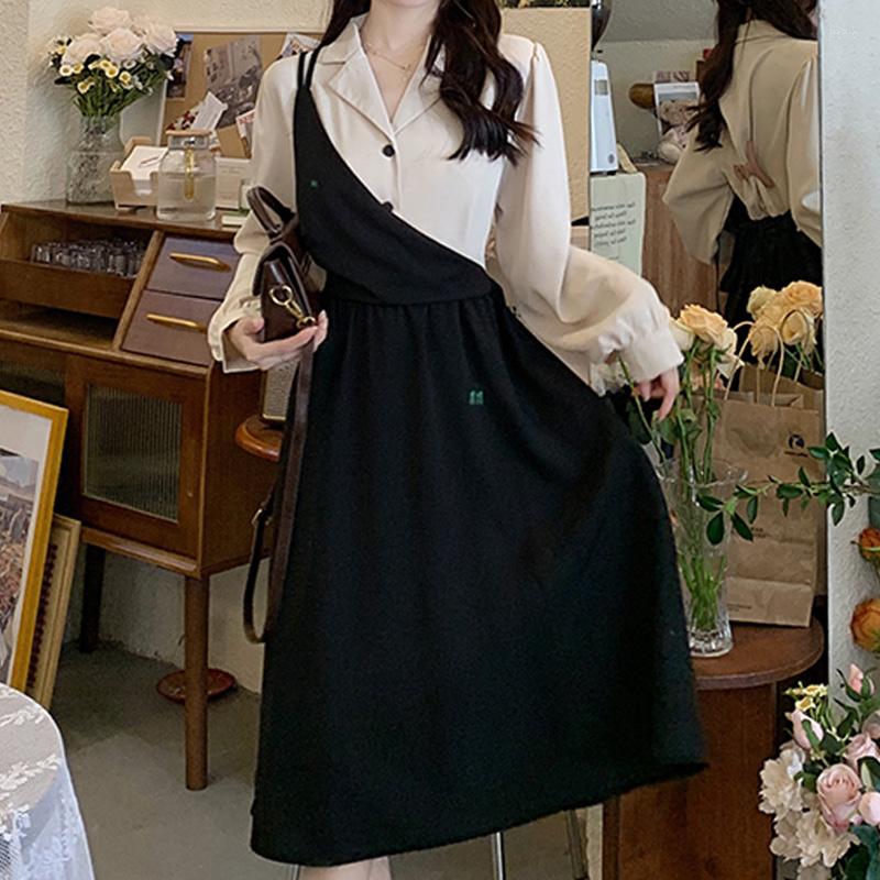 

Casual Dresses Fashion Mid-calf Daily Party Dress Office Lady Long Sleeve Women Polo Neck Loose Patchwork Fake Two Black, 99 281