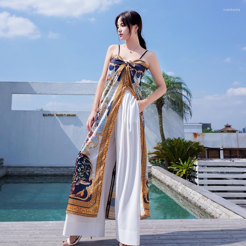 

Women's Tracksuits Boho Chic Blouse 2 Piece Sets Womens Outfits Wide Leg Pants Long Tops Set Women Summer Fashion Korean Outfit 5377