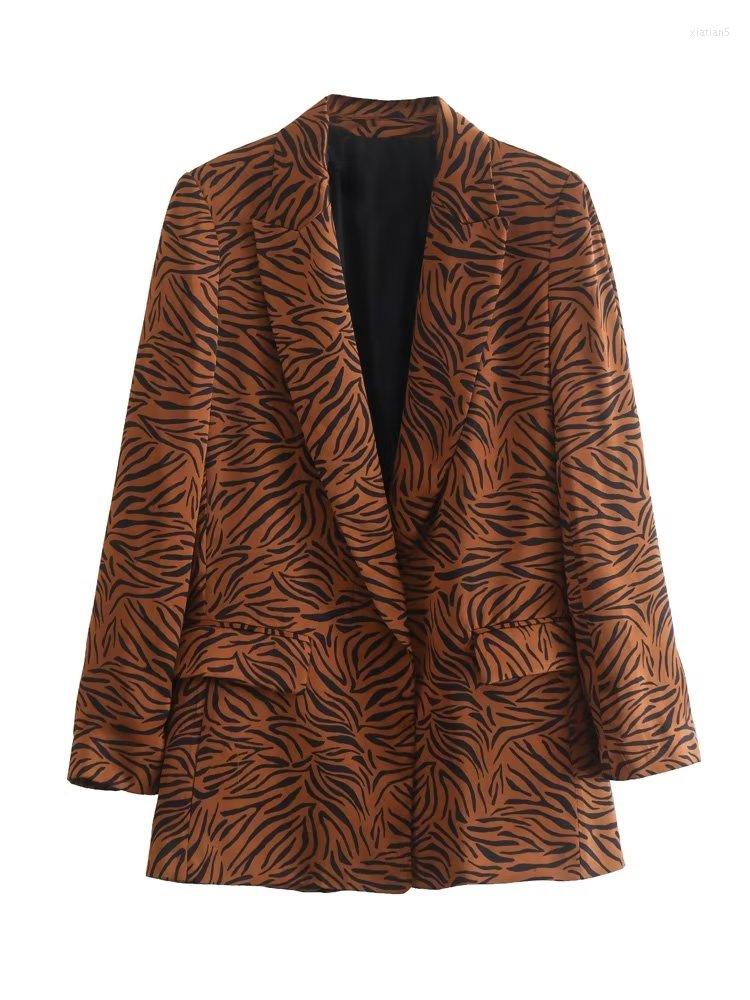 

Women's Suits ZXQJ Women 2022 Fashion Flap Pockets Office Wear Open Animal Printing Blazer Vintage Long Sleeves Female Outerwear Streetwear, Picture shown