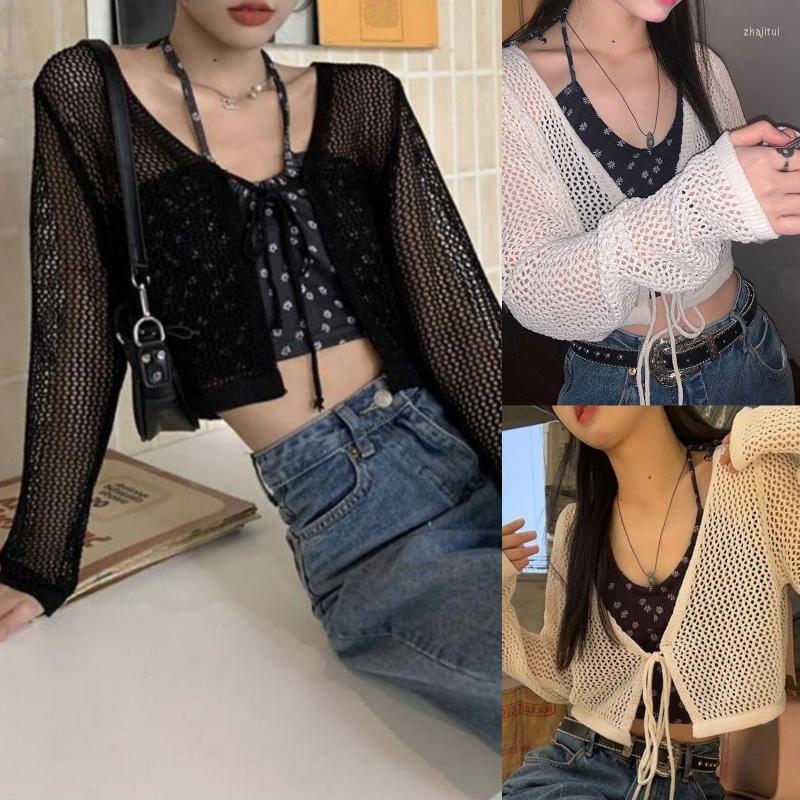 

Women's Jackets Women's Women V-Neck Lace-Up Front Long Sleeve Cardigan Crop Top Hollow Out See Through Fishnet Mesh Shirts Thin Cover, At