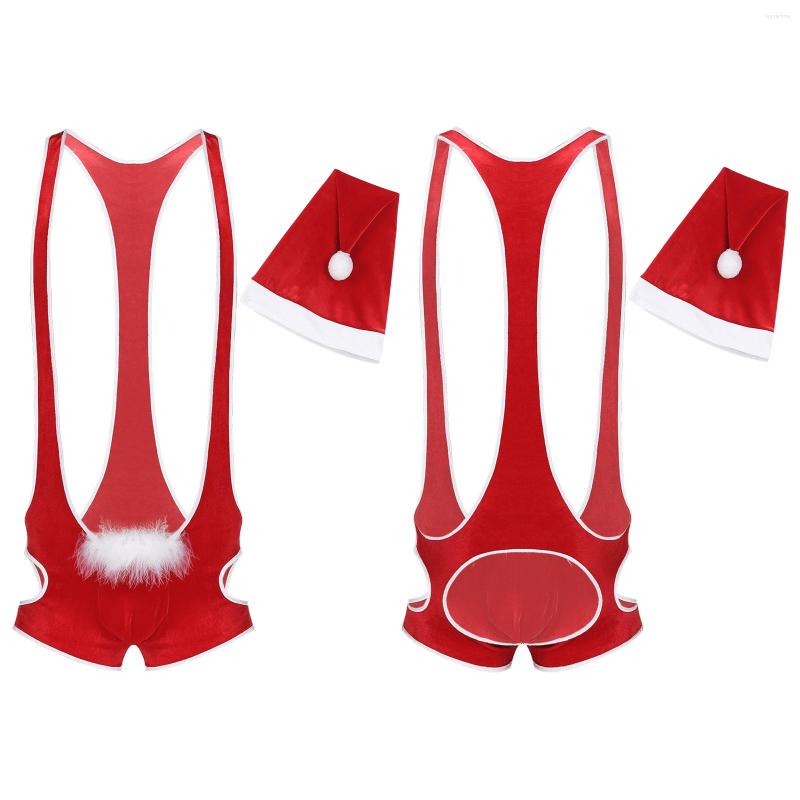 

Men's G Strings Mens Crossdresser Christmas Leotard Velvet Teddies Bodysuit Bulge Pouch Singlet Thong Underwear Feather Trims Open, Red