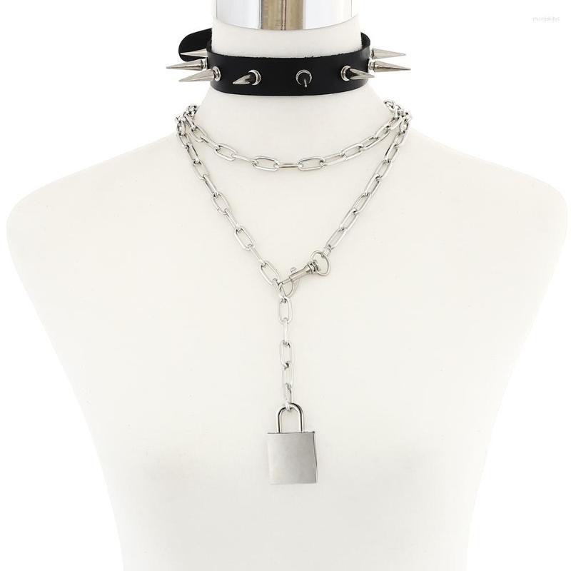 

Choker Punk Spike Set Padlock Chain Necklace Metal Collar Goth Pendant Women Black Leather Emo Festival Jewelry