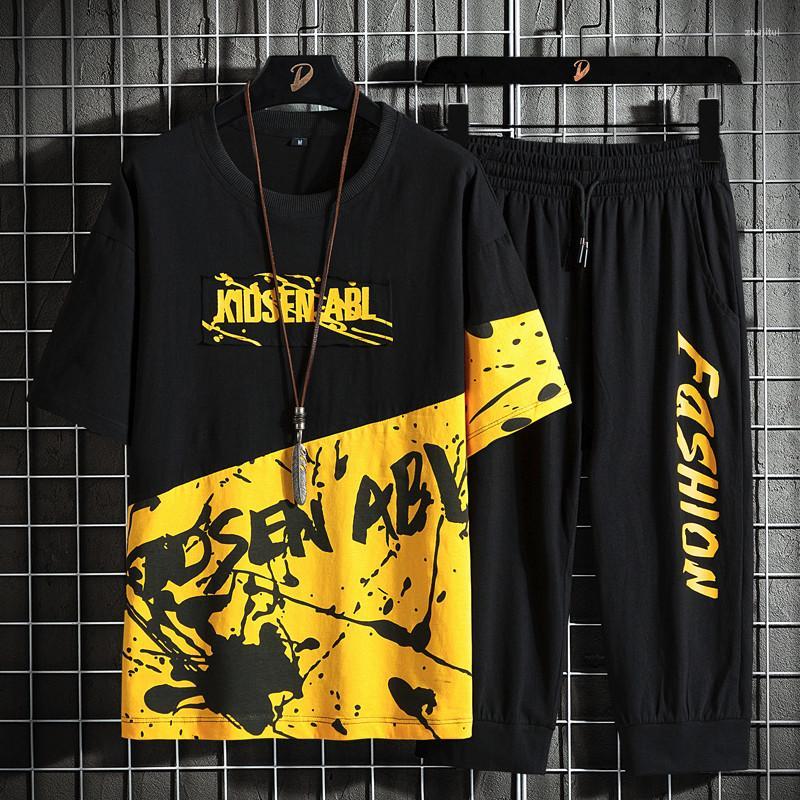 

Men' Tracksuits Men' Cropped Shorts Set Men Summer Fitness Suit Fashion Print T-Shirt Sportswears 2 Piece Sets Male Jogger, Black