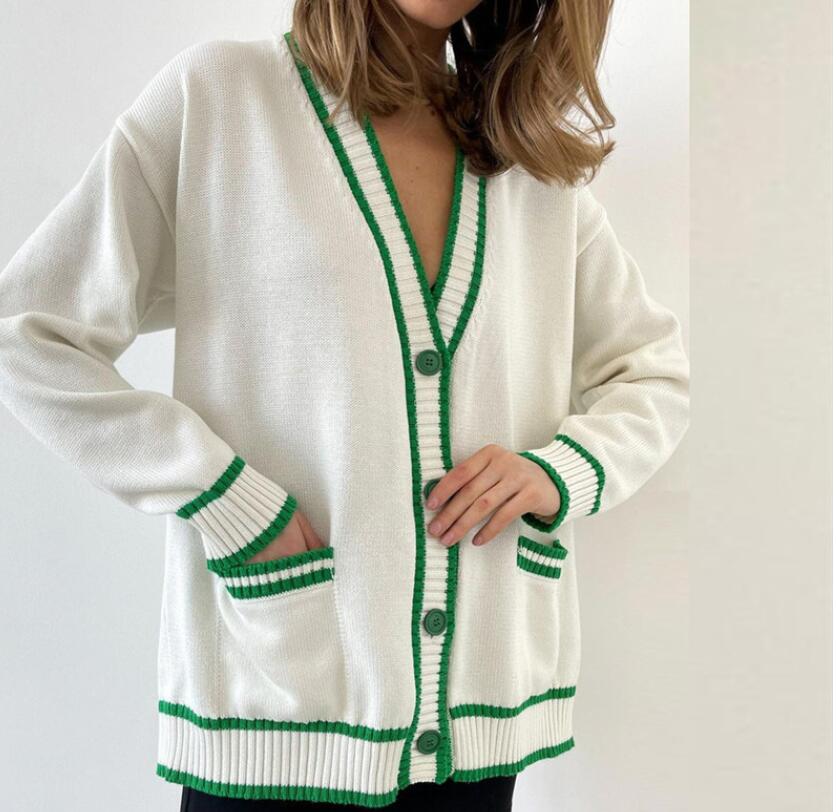 

Women's Sweaters Casual V Neck Pocket Knitted Cardigan Female Elegant Coat Stitching Color Streetwear Apple crop top, 04