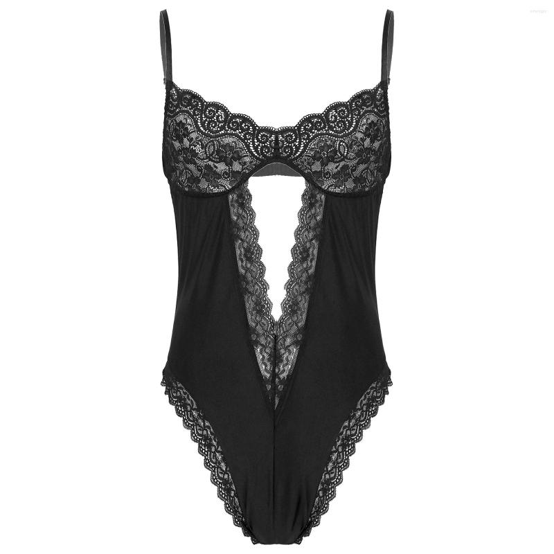 

Men's G Strings One-piece Bodysuit Underwear Men See-through Lace Patchwork Jumpsuit Adjustable Shoulder Straps Backless Black Sissy