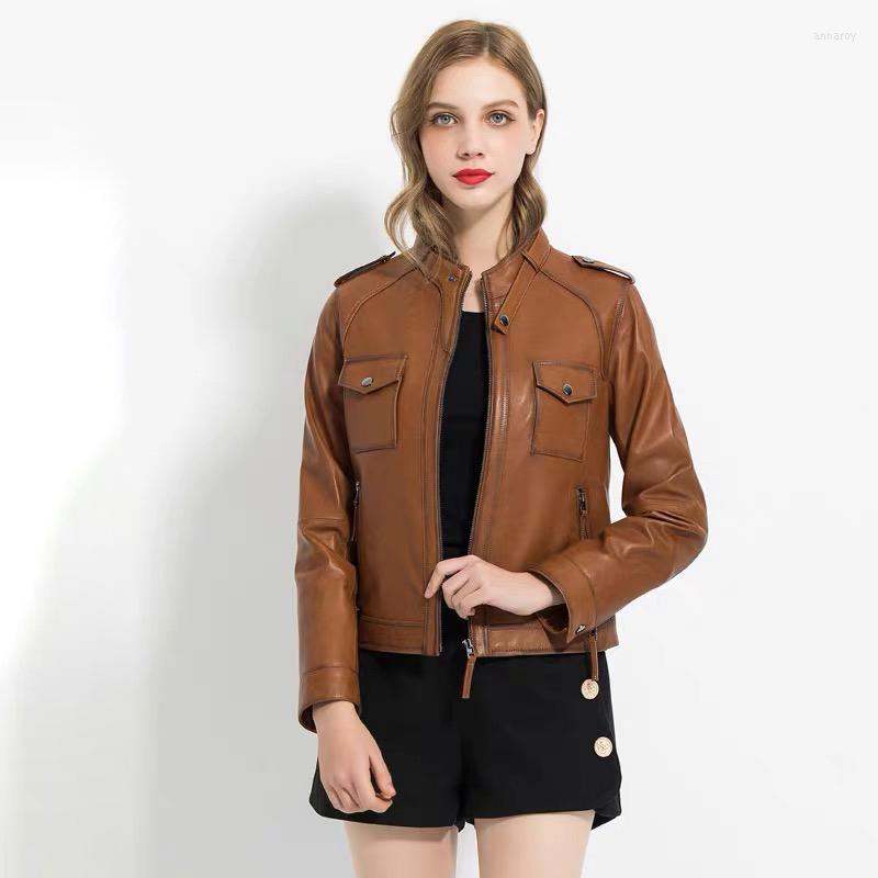 

Women's Leather Genuine Jacket Women 2022 Spring Short Style Motocycle Real Natural Sheepskin Coat Slim High Quality Female Overcoat, Black